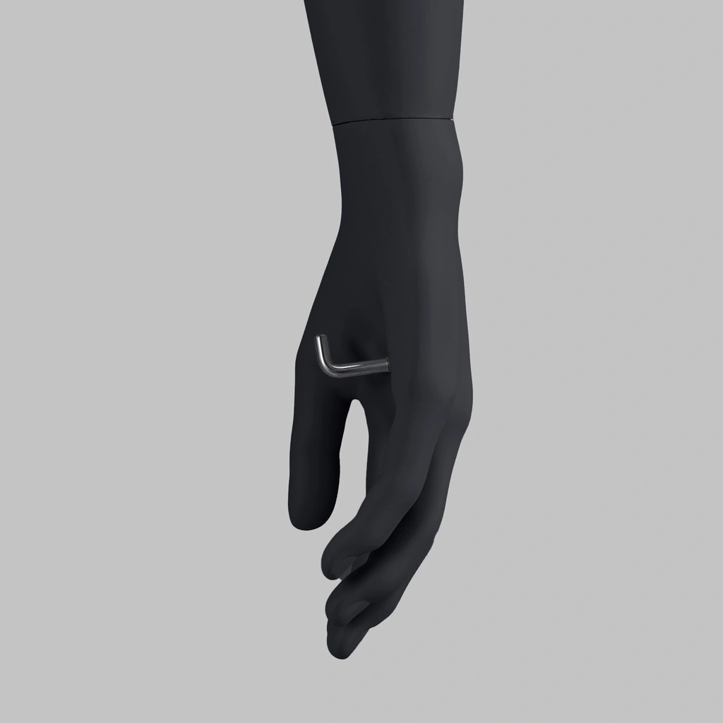 Sport dames mannequin met beenprothese, grafiet grijs, gestilleerd hoofd, staande pose 101