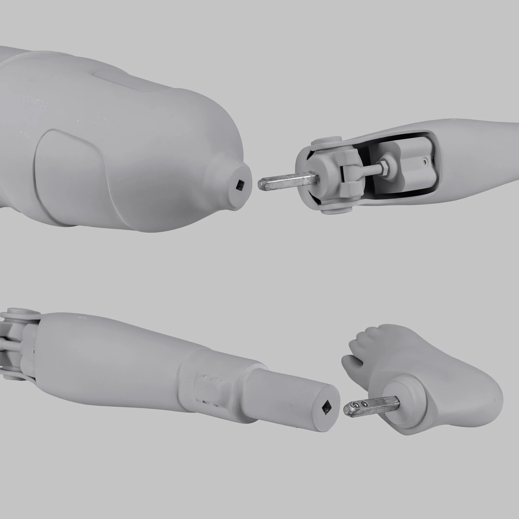 Sport dames mannequin met beenprothese, grijs, abstract hoofd, staande pose 113