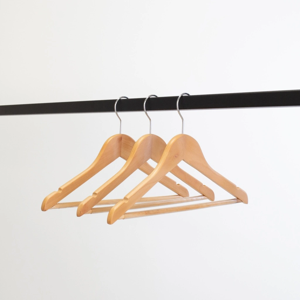 Kledinghanger met anti slip broeklat lotushout naturel gelakt voor kinderkledij, 35 cm breedte, blinkende haak - doos van 100 st