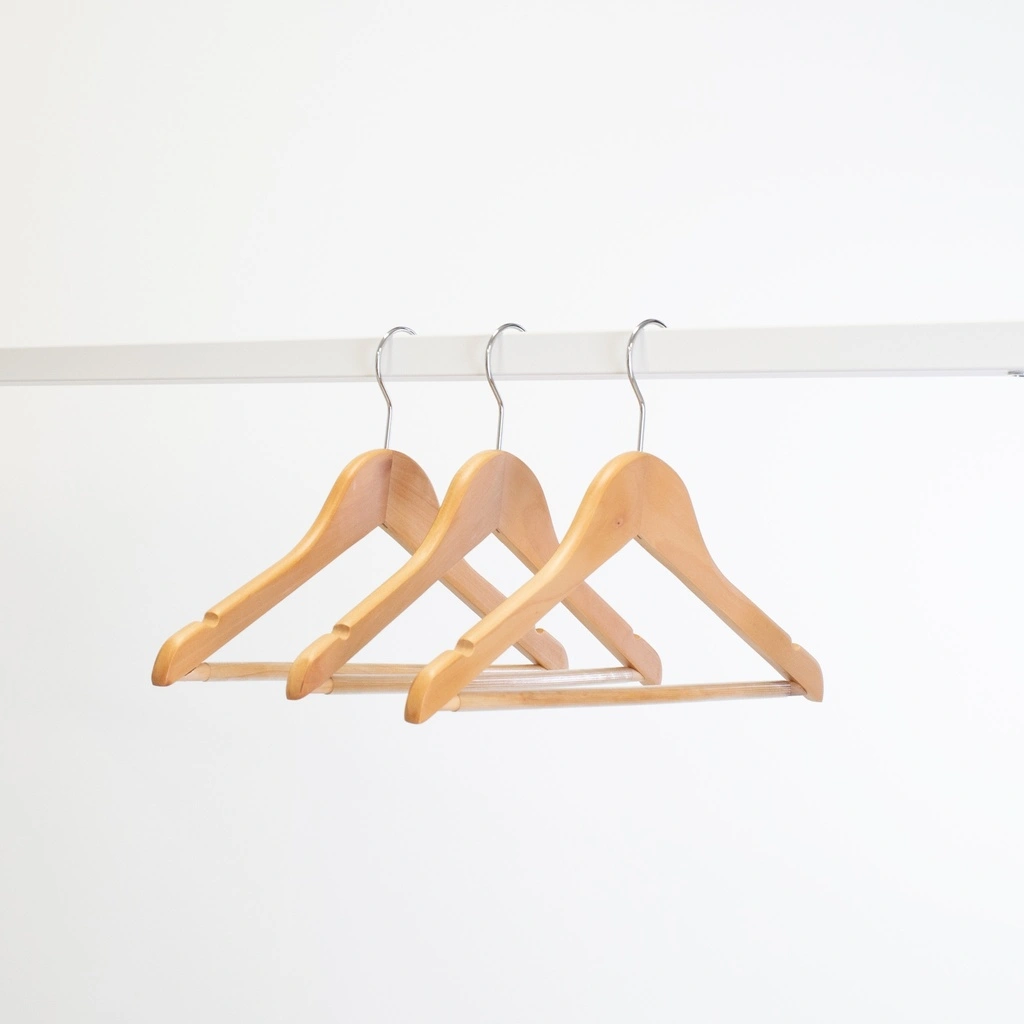 Kledinghanger met anti slip broeklat lotushout naturel gelakt voor kinderkledij, 35 cm breedte, blinkende haak - doos van 100 st