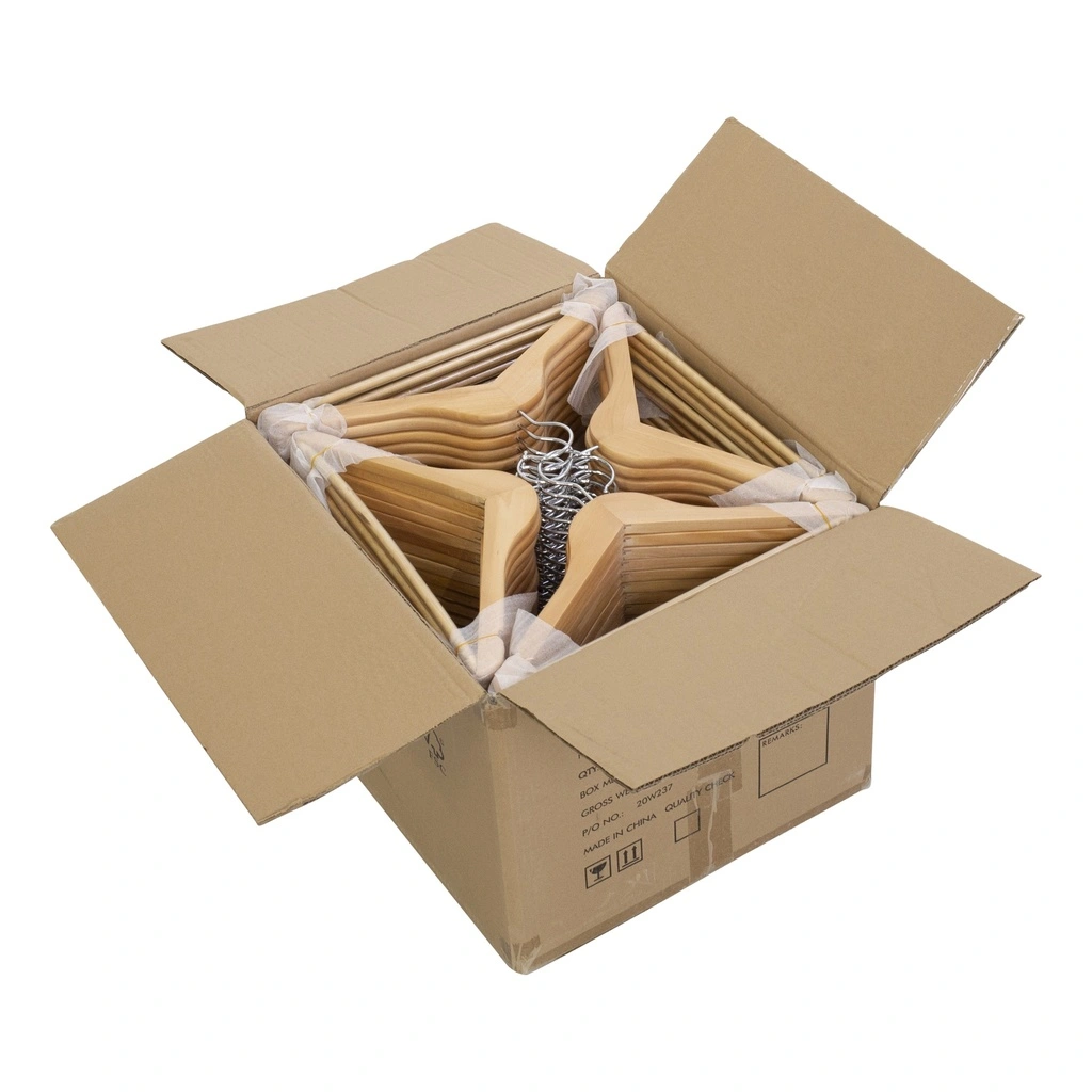 Kledinghanger met anti slip broeklat lotushout naturel gelakt voor kinderkledij, 35 cm breedte, blinkende haak - doos van 100 st