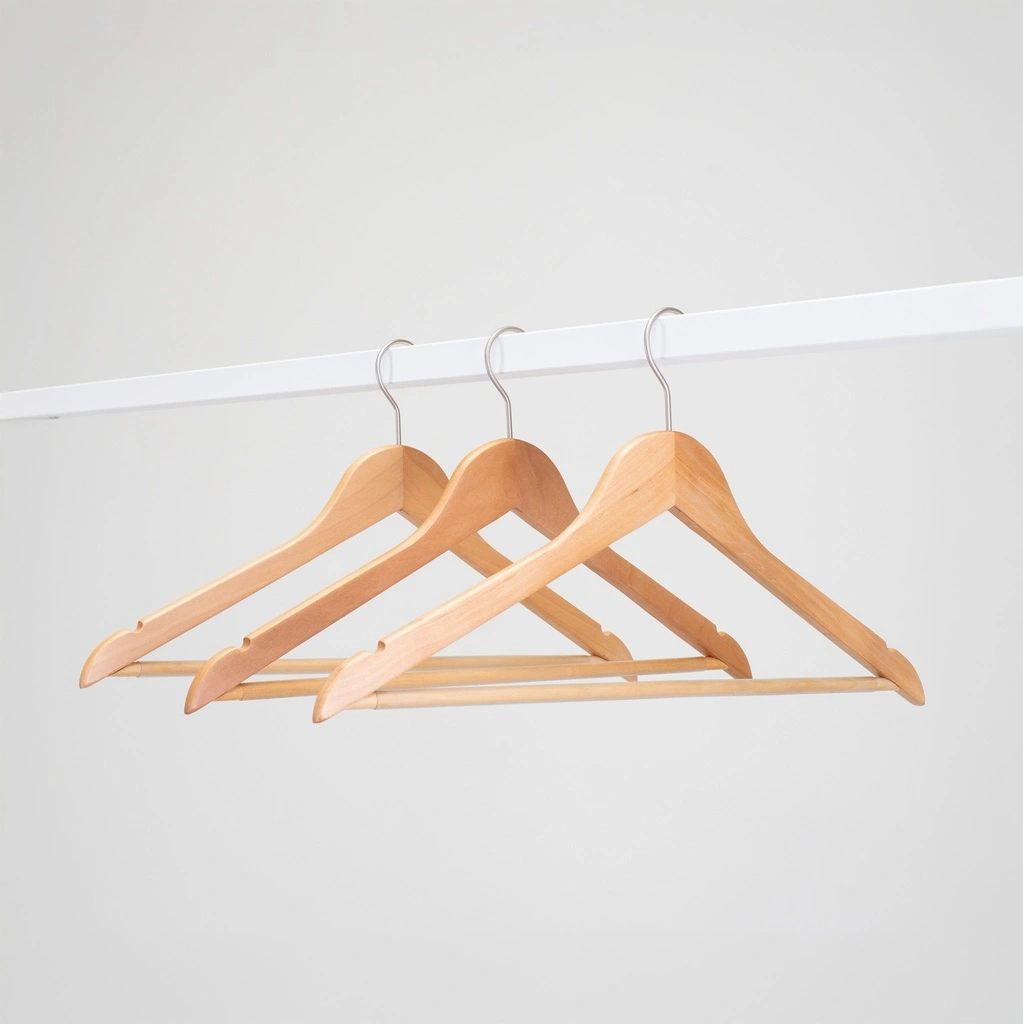 Kledinghanger met anti slip broeklat lotushout naturel gelakt voor dames en heren kledij, 44 cm breedte, matte haak - doos van 100 st