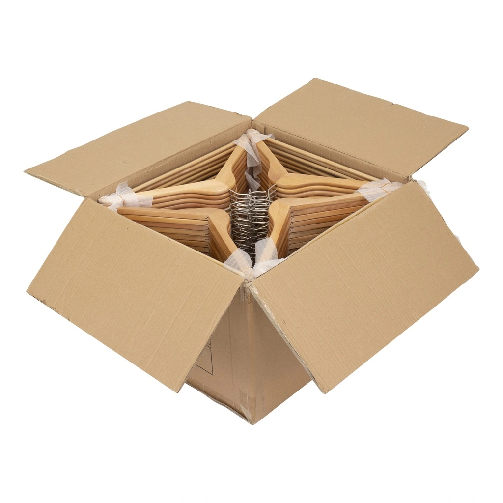 Kledinghanger met anti slip broeklat lotushout naturel gelakt voor dames en heren kledij, 44 cm breedte, matte haak - doos van 100 st