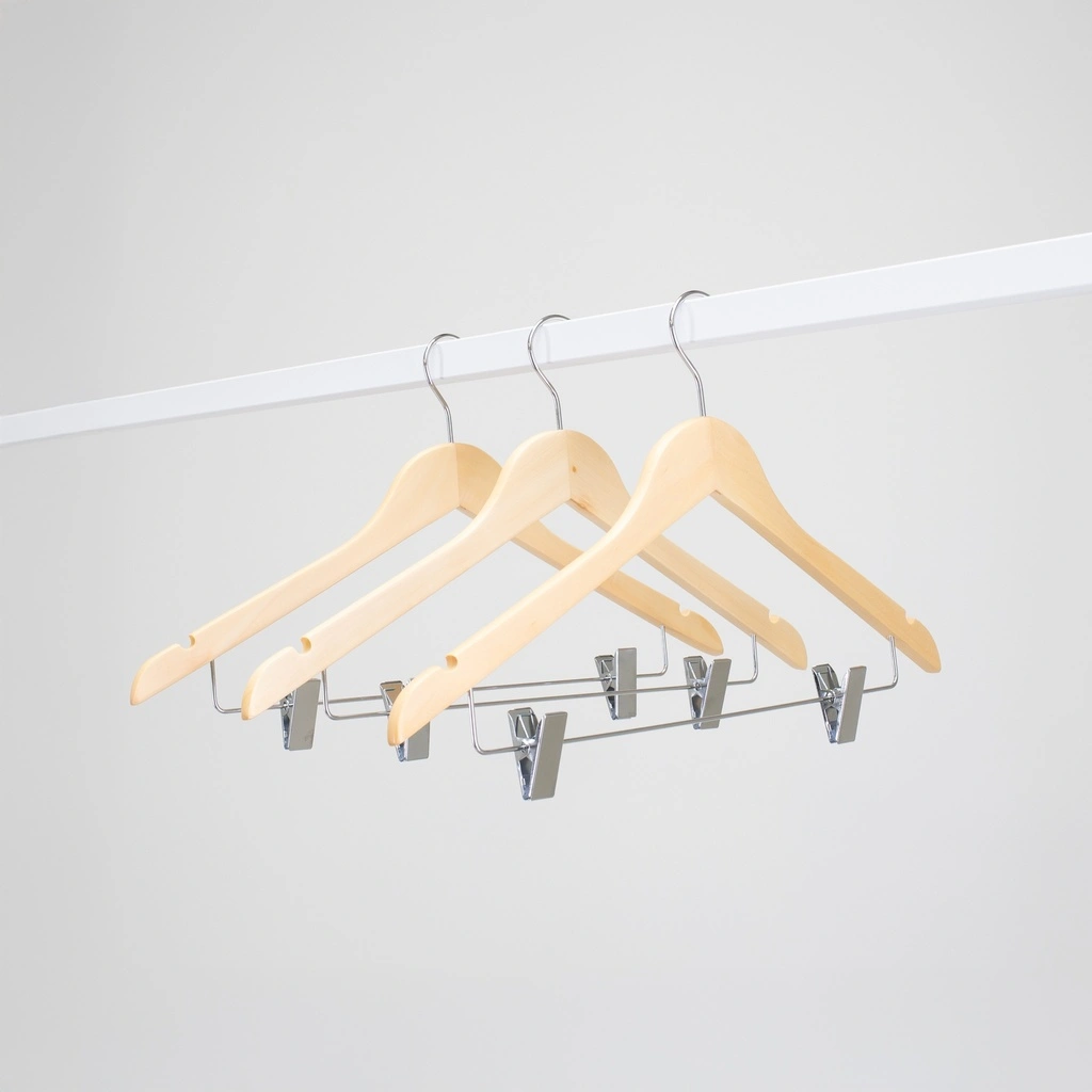 Kledinghanger met clips lotushout naturel gelakt voor dames en heren kledij, 44 cm breedte, blinkende haak - doos van 100 st