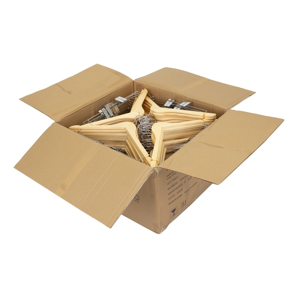 Kledinghanger met clips lotushout naturel gelakt voor dames en heren kledij, 44 cm breedte, blinkende haak - doos van 100 st