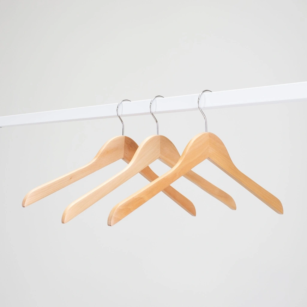 Rechte kledinghanger lotushout naturel gelakt voor dameskledij, 41 cm breedte, blinkende haak - doos van 100 st