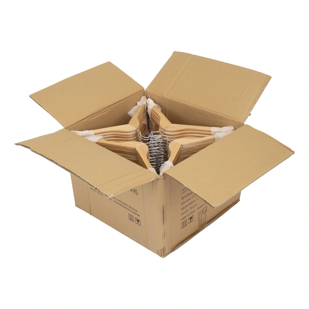 Rechte kledinghanger lotushout naturel gelakt voor dameskledij, 41 cm breedte, blinkende haak - doos van 100 st