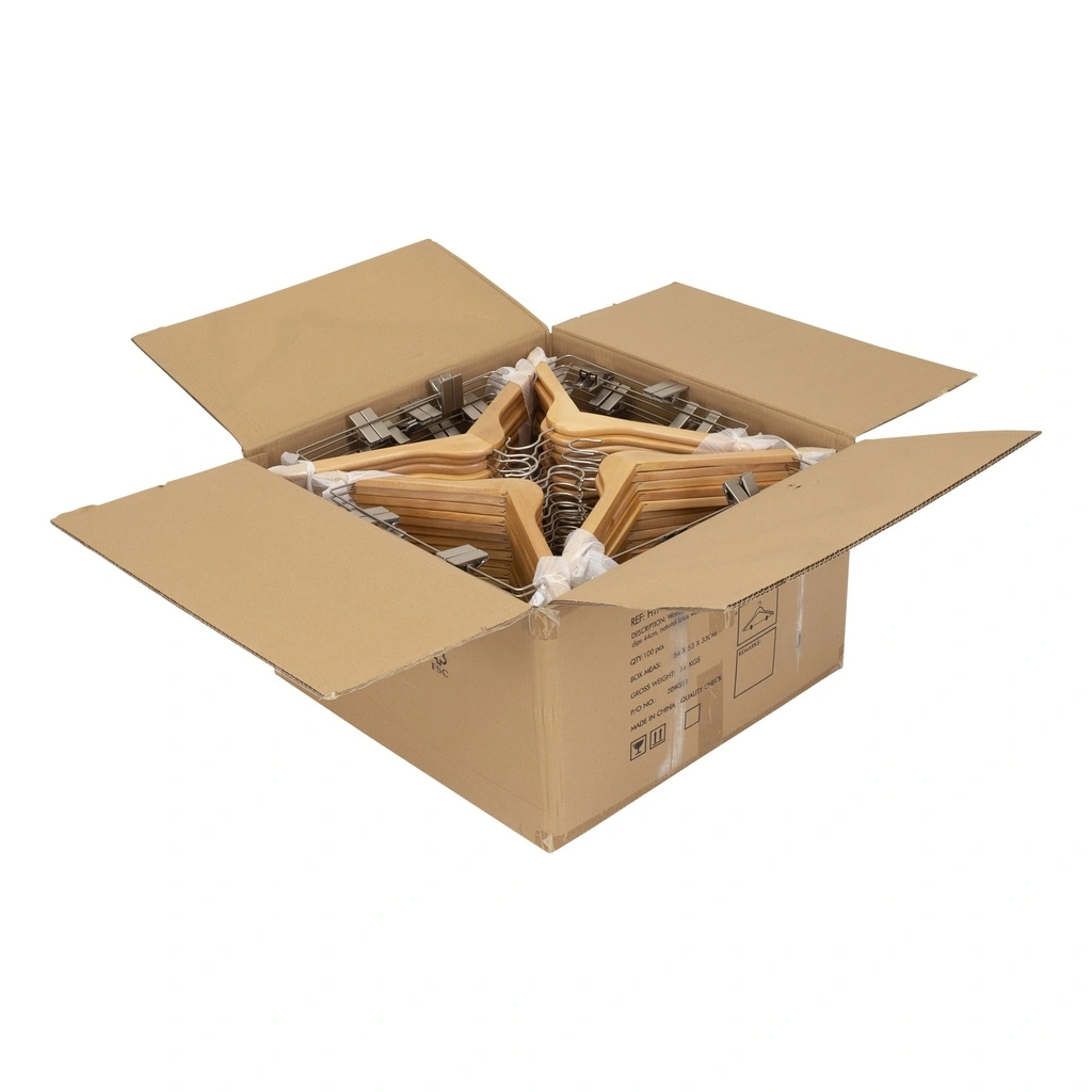 Kledinghanger met clips lotushout naturel gelakt voor dames en heren kledij, 44 cm breedte, matte haak - doos van 100 st