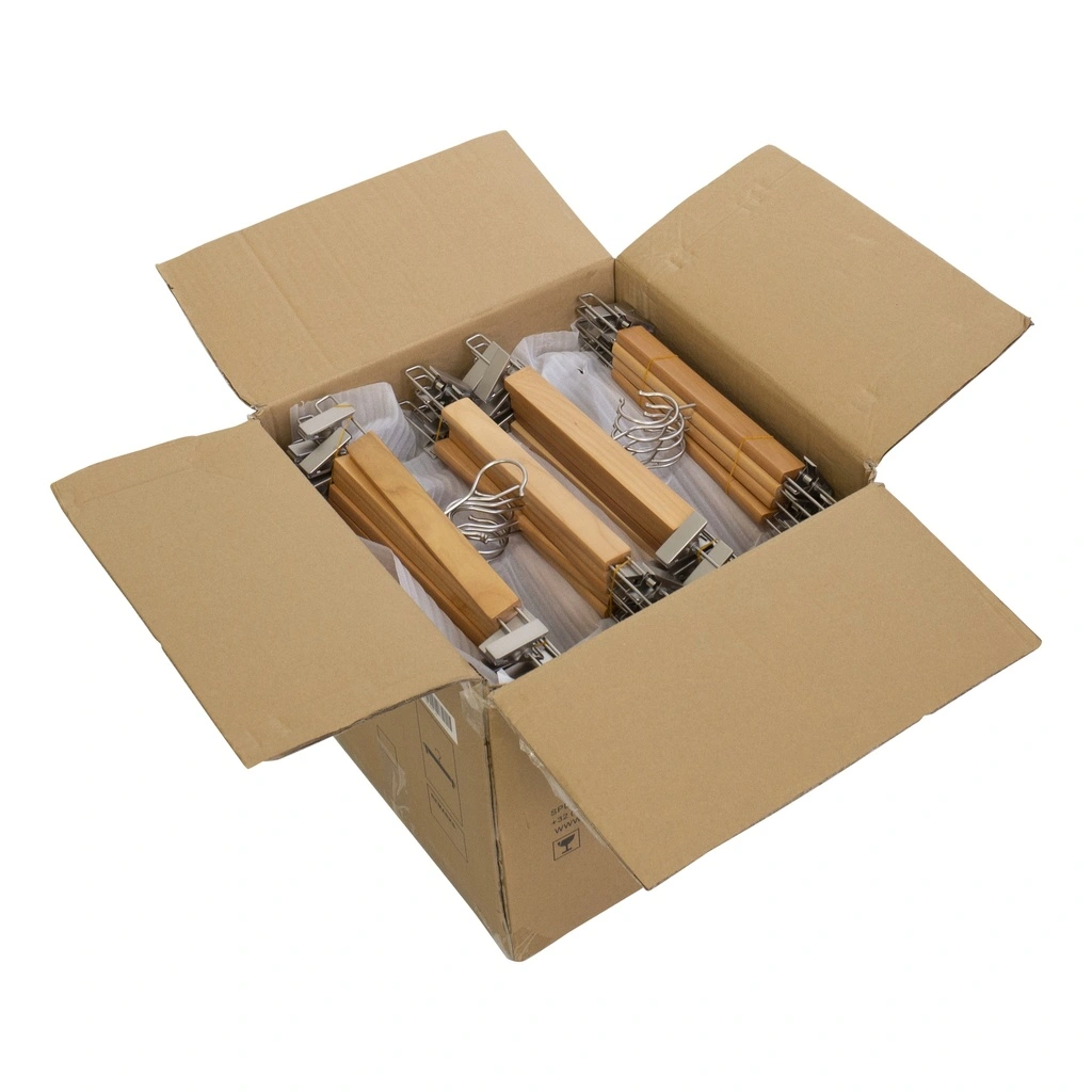 Kledinghanger met clips voor volwassenkledij, lotushout naturel gelakt, 38 cm breedte, matte haak - doos van 100 stuks.