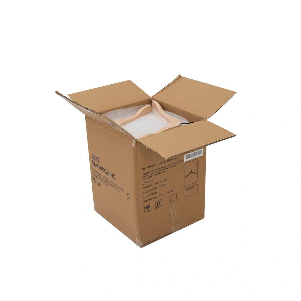 Beukenhout kledinghanger, recht, breedte 3 cm, lengte 41 cm, zwarte haak - doos van 50 stuks 