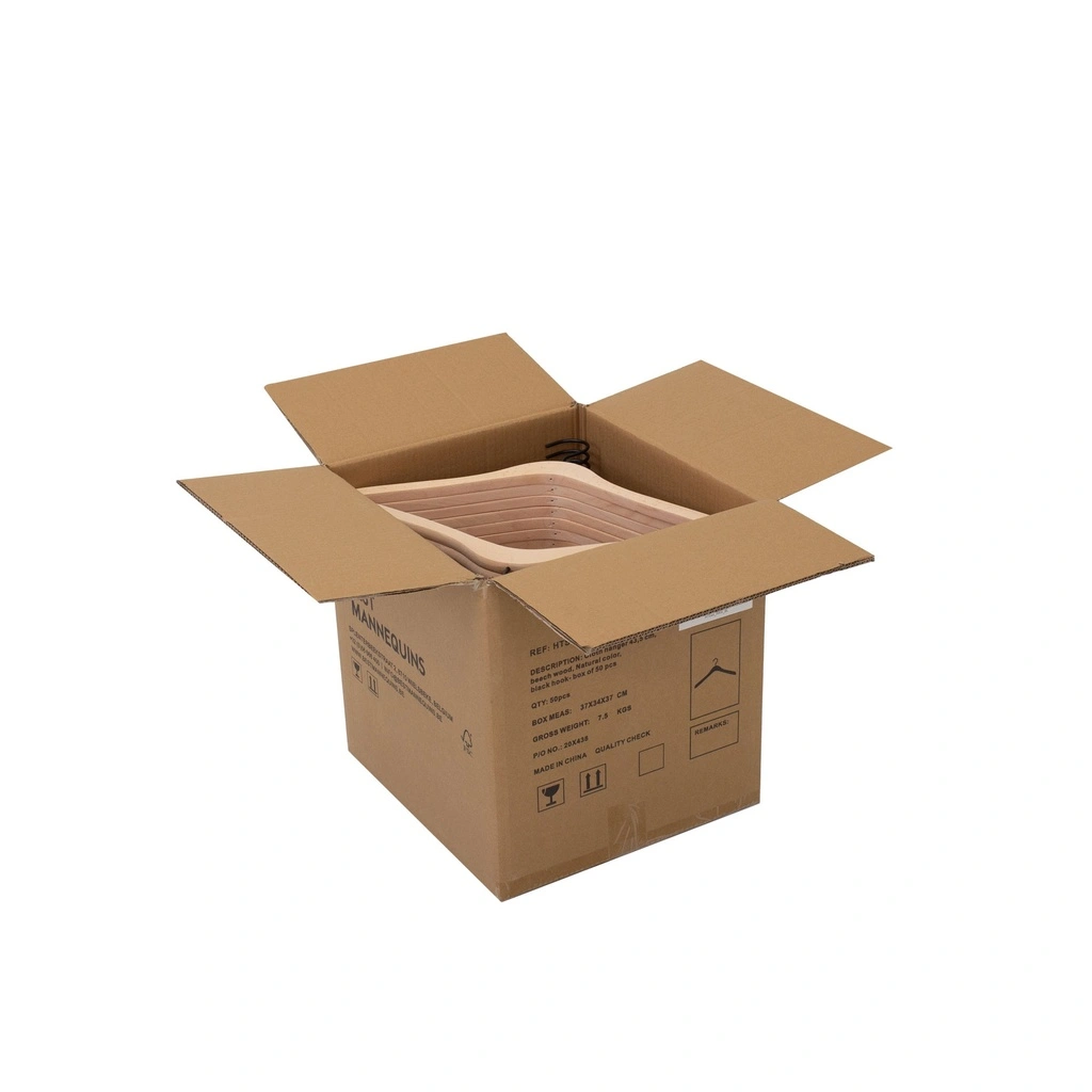 Beukenhout kledinghanger voor dames en herenkledij, 44 cm breedte, zwarte haak - doos van 50 stuks