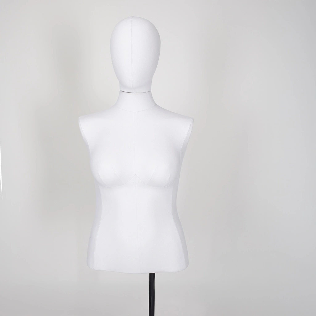 Volslanke damesbuste couture tot onder taille, maat 40-42, overtrokken met witte stof, afneembaar hoofd