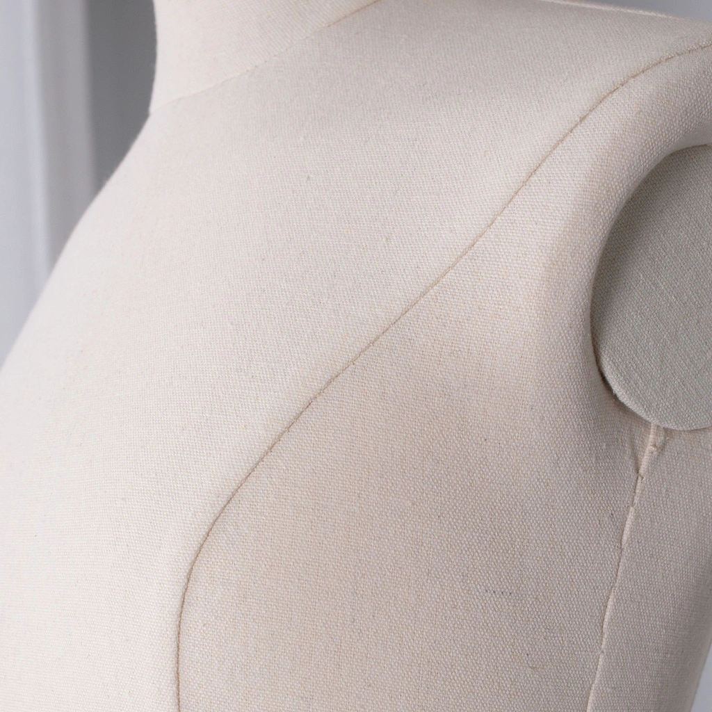 Damesbuste couture tot aan heupen, maat 38, overtrokken met ecru stof, afneembaar hoofd