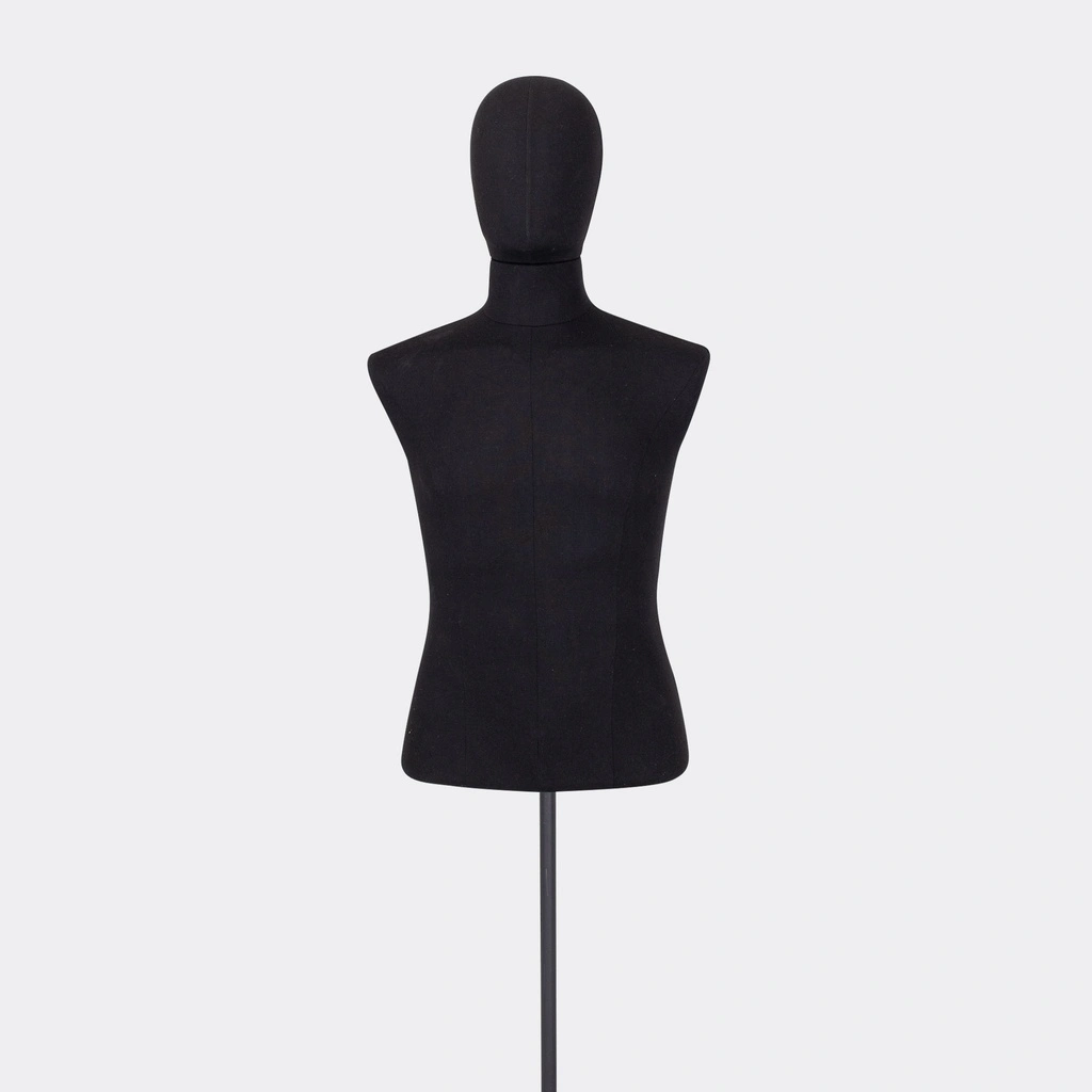 Herenbuste couture tot onder taille, maat M, overtrokken met zwarte stof, afneembaar hoofd