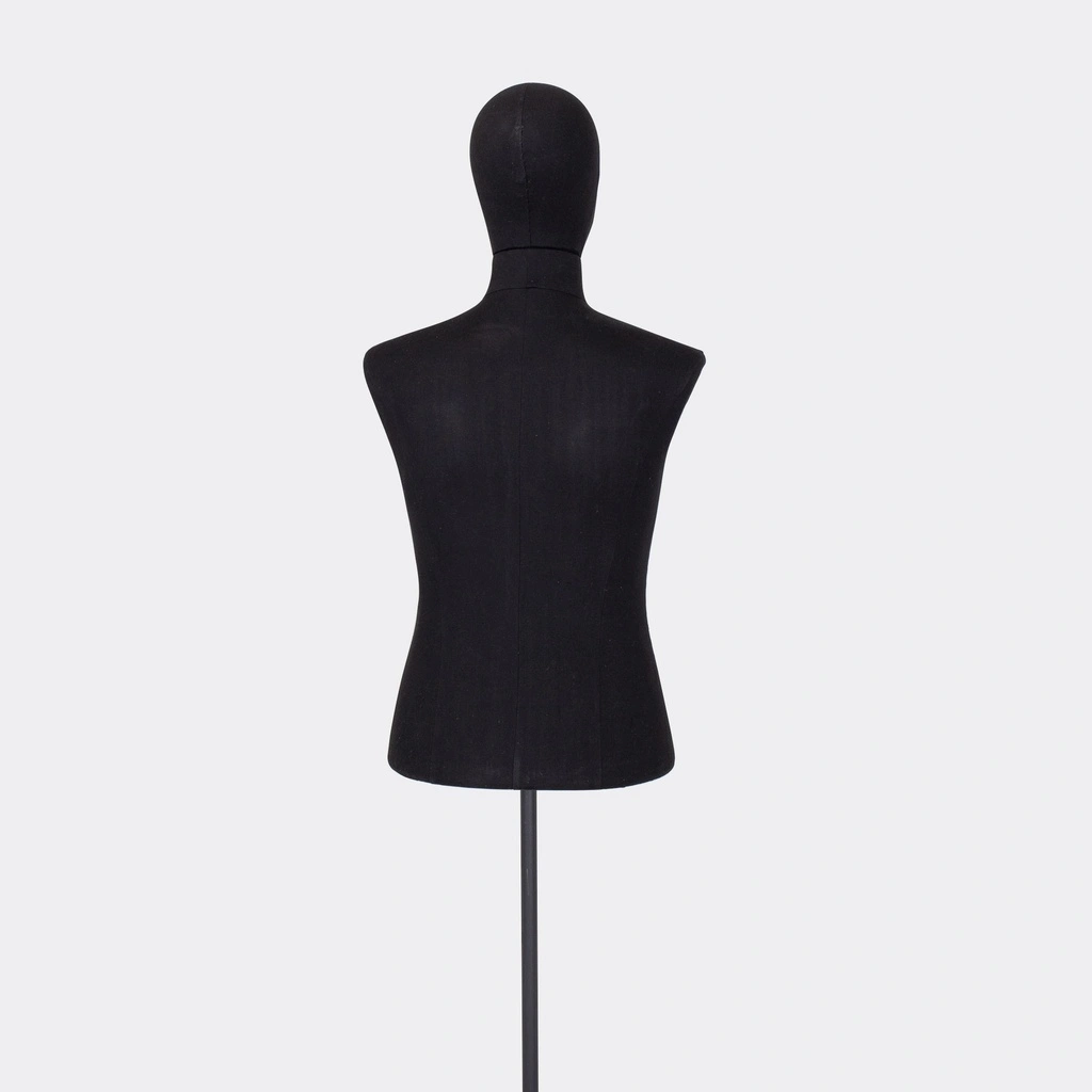 Herenbuste couture tot onder taille, maat M, overtrokken met zwarte stof, afneembaar hoofd