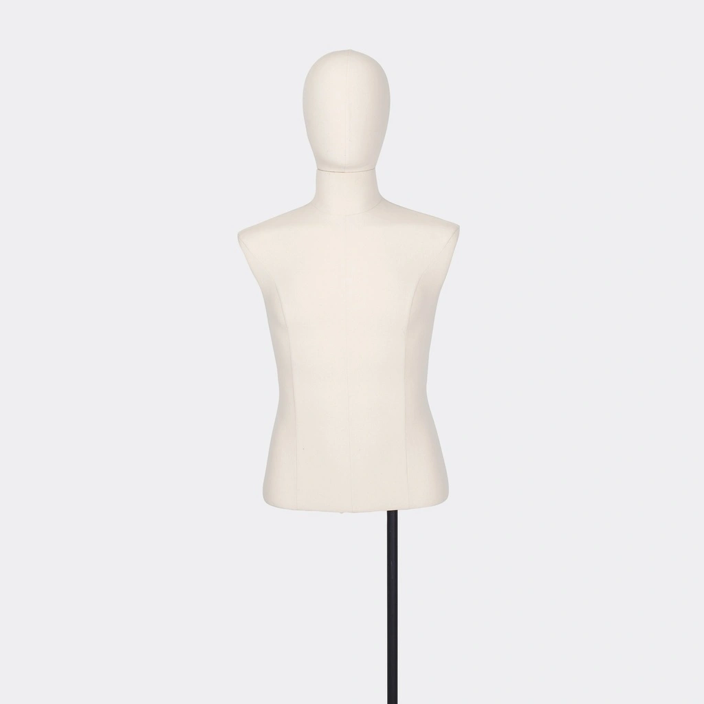 Herenbuste couture tot onder taille, maat M, overtrokken met ecru stof, afneembaar hoofd