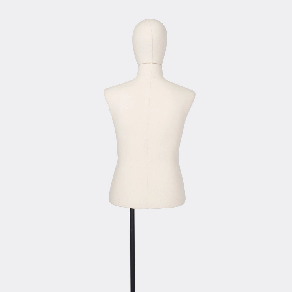 Herenbuste couture tot onder taille, maat M, overtrokken met ecru stof, afneembaar hoofd