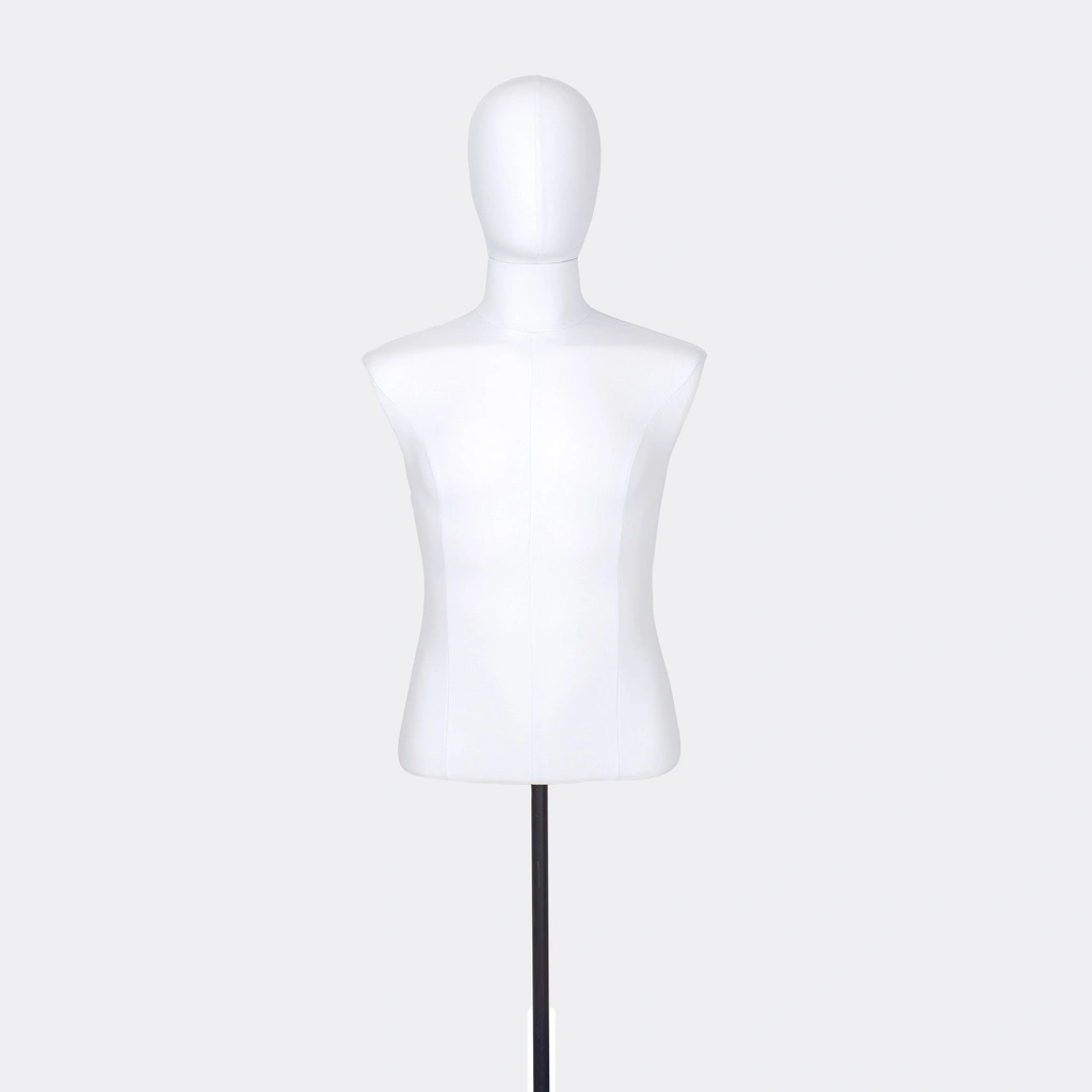 Herenbuste couture tot onder taille, maat M, overtrokken met witte stof, afneembaar hoofd
