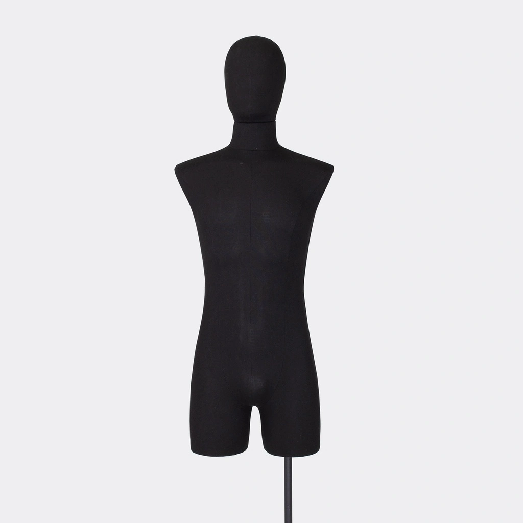 Herenbuste couture met benen, maat M, overtrokken met zwarte stof, afneembaar hoofd