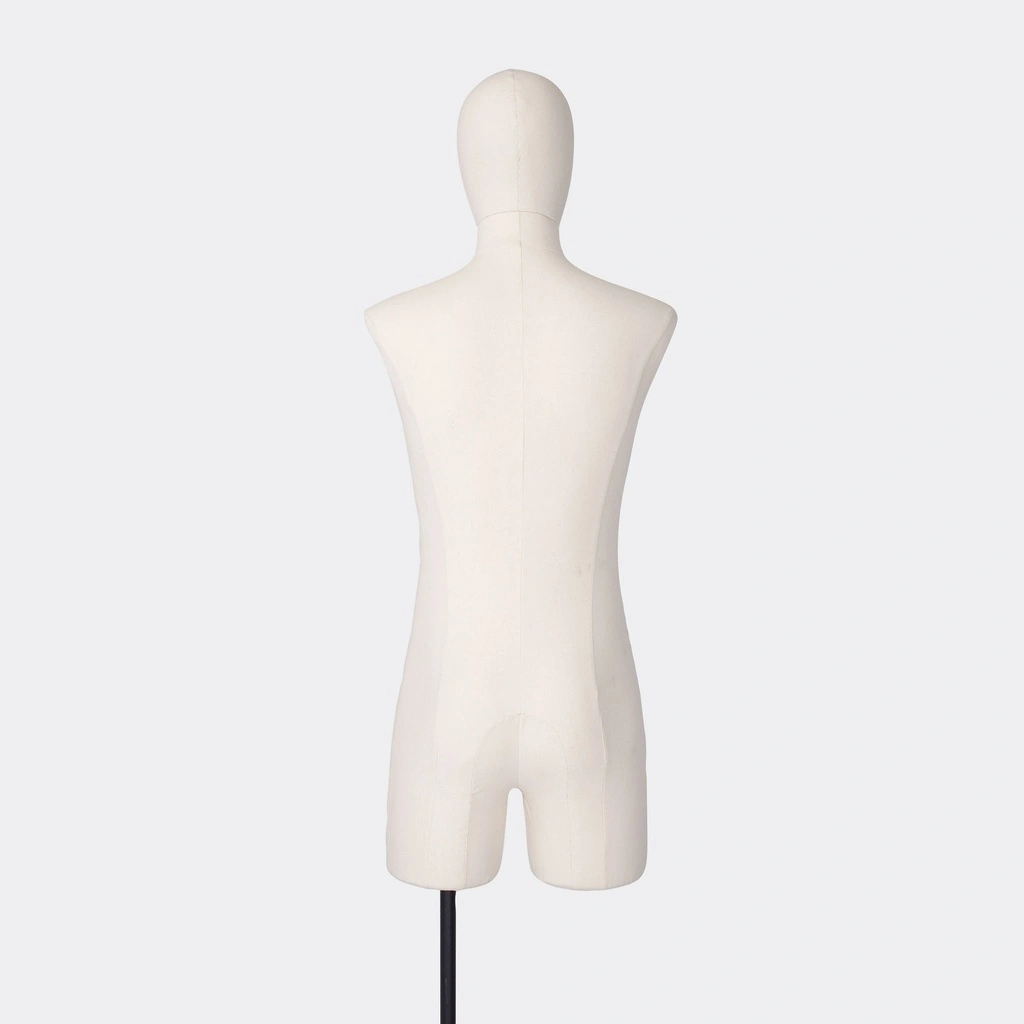 Herenbuste couture met benen, maat M, overtrokken met ecru stof, afneembaar hoofd