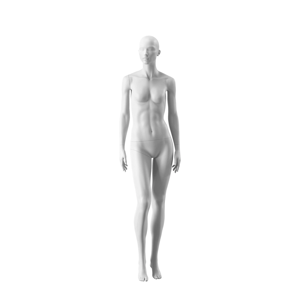 BINK - White female mannequin, abstract head with nose and mouth, round glass base, pose 002