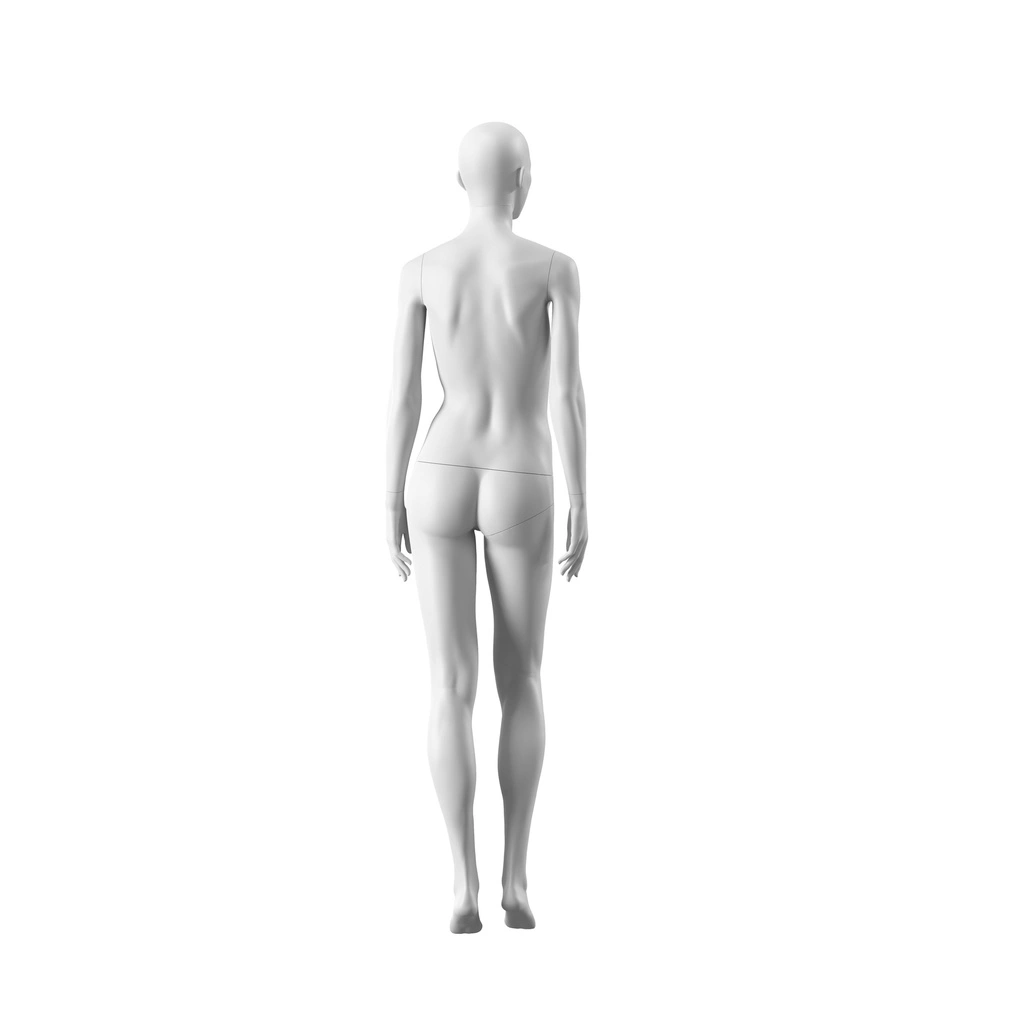 BINK - White female mannequin, abstract head with nose and mouth, round glass base, pose 002