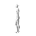 White female mannequin, abstract head with nose and mouth, round glass base, pose 002