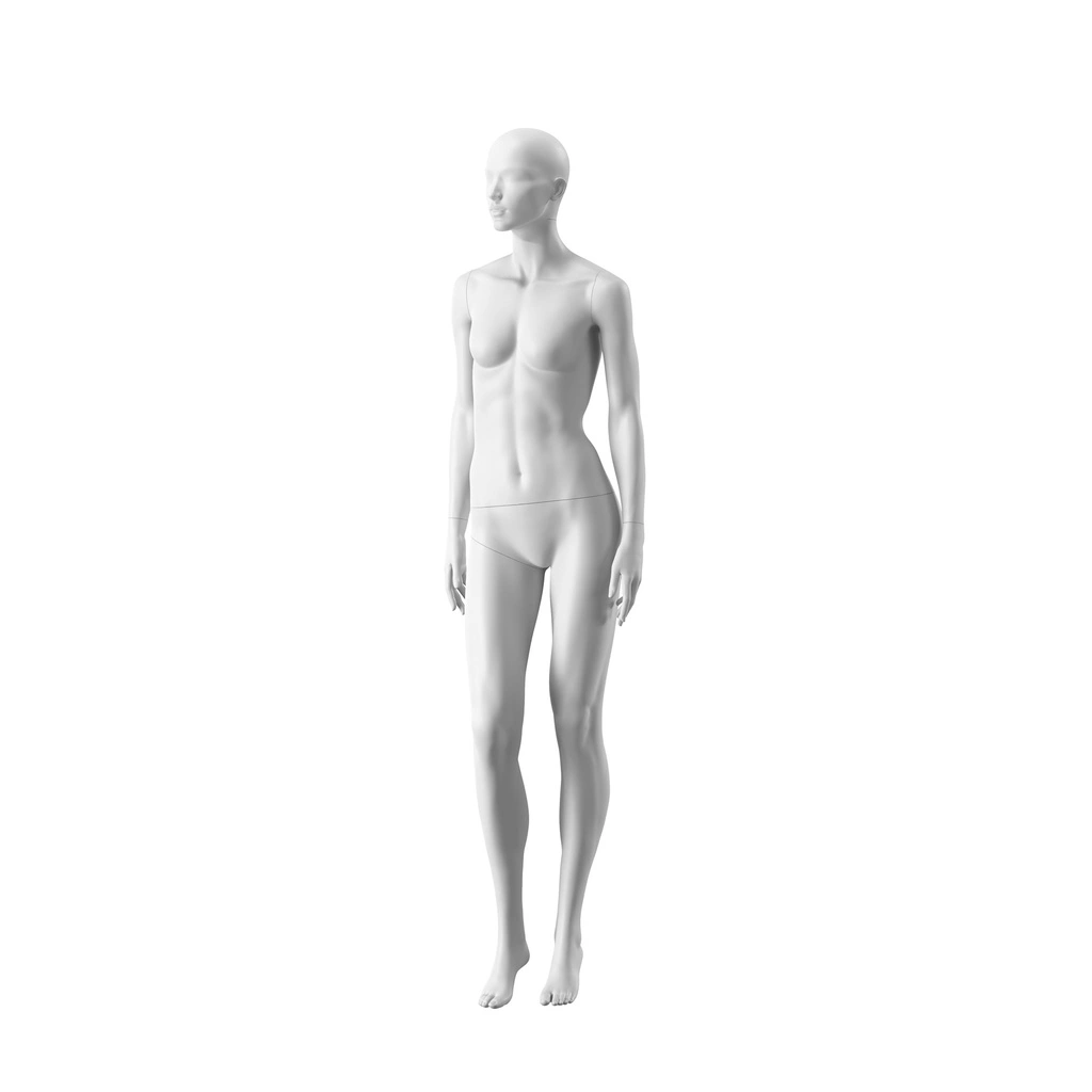 BINK - White female mannequin, abstract head with nose and mouth, round glass base, pose 002