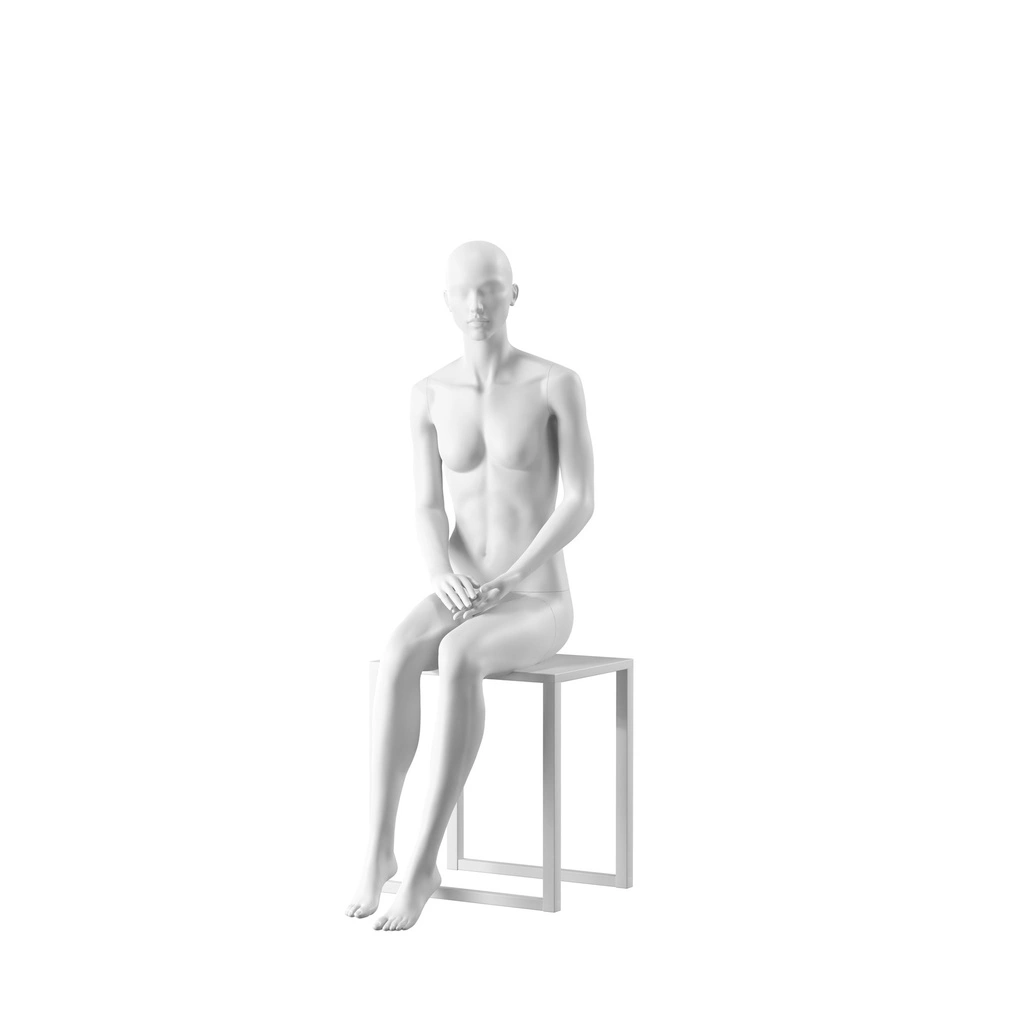 Witte dames etalagepop, abstract hoofd met neus en mond, glazen ronde voetplaat, pose 004