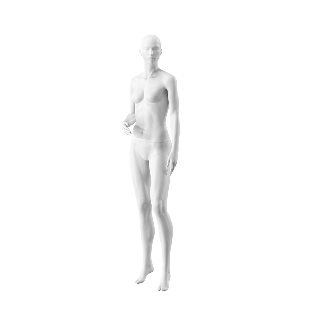 Witte dames etalagepop, abstract hoofd met neus en mond, glazen ronde voetplaat, pose 006