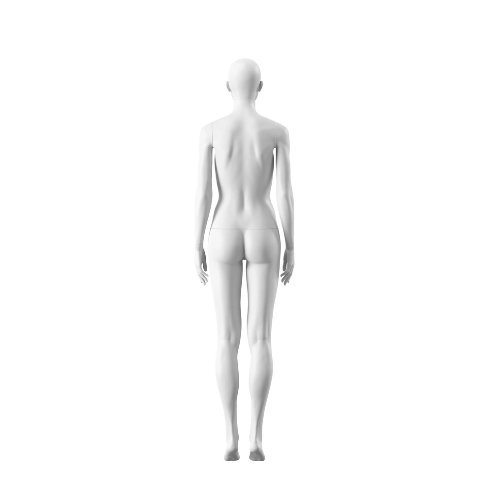 Witte dames etalagepop, abstract hoofd met neus en mond, glazen ronde voetplaat, pose 007