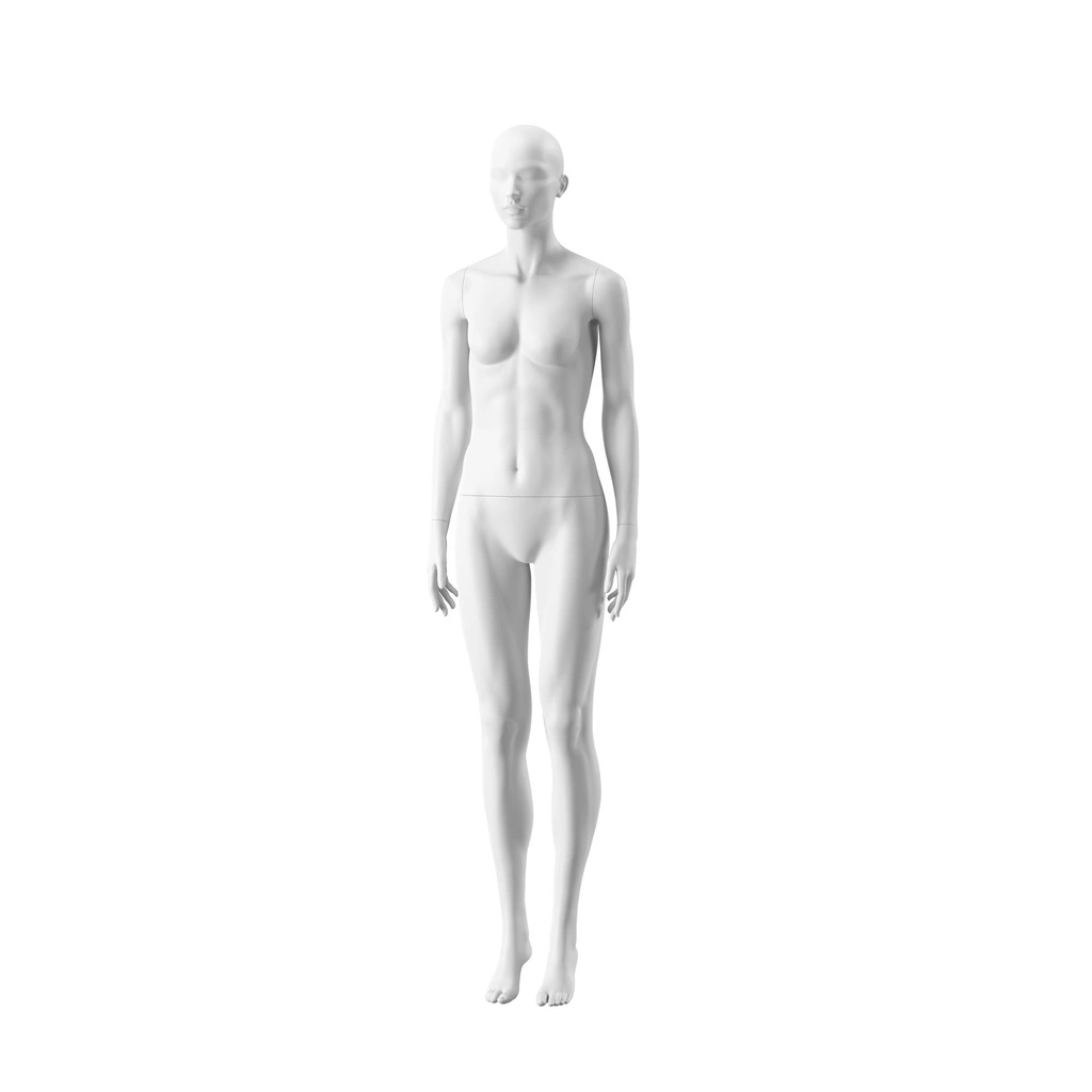 Witte dames etalagepop, abstract hoofd met neus en mond, glazen ronde voetplaat, pose 007