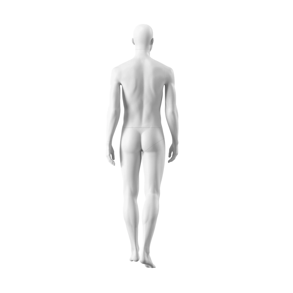 Witte heren etalagepop, abstract hoofd met neus en mond, glazen ronde voetplaat, pose 301