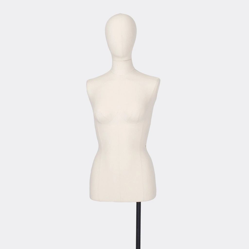 Damesbuste couture tot aan heupen, maat 38, overtrokken met ecru stof, afneembaar hoofd