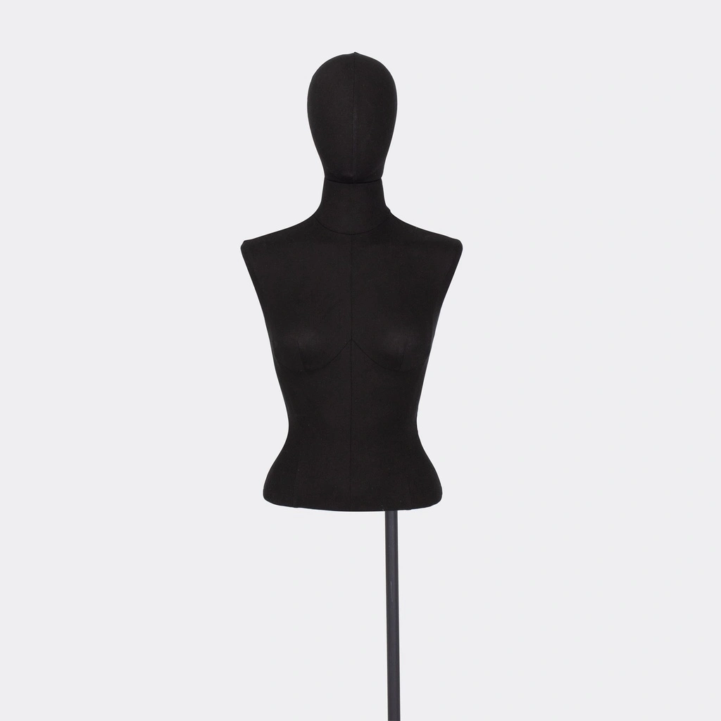 Damesbuste couture tot aan taille, maat 38, overtrokken met zwarte stof, afneembaar hoofd