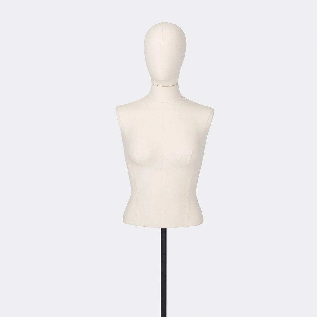 Damesbuste couture tot aan taille, maat 38, overtrokken met ecru stof, afneembaar hoofd