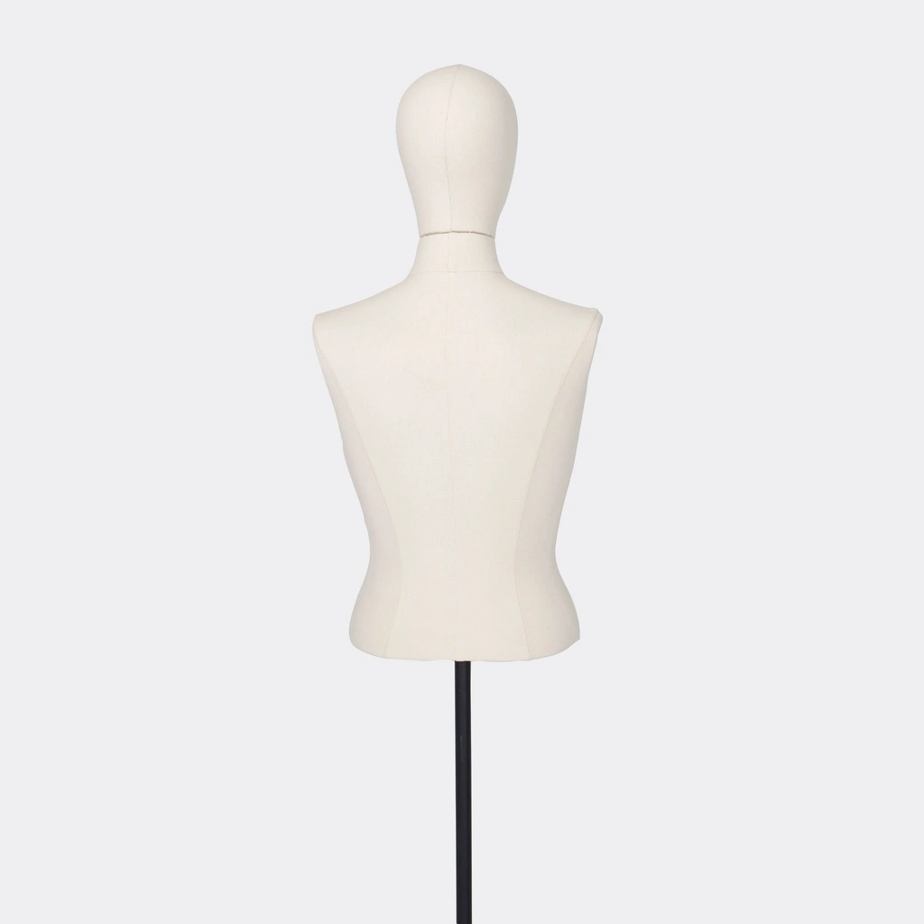 Damesbuste couture tot aan taille, maat 38, overtrokken met ecru stof, afneembaar hoofd