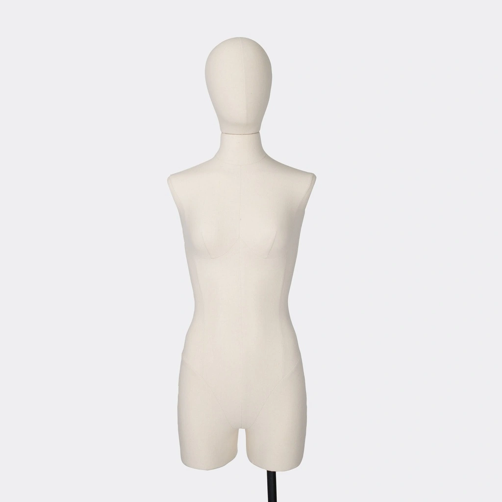 Damesbuste couture met benen, maat 36, overtrokken met ecru stof, afneembaar hoofd