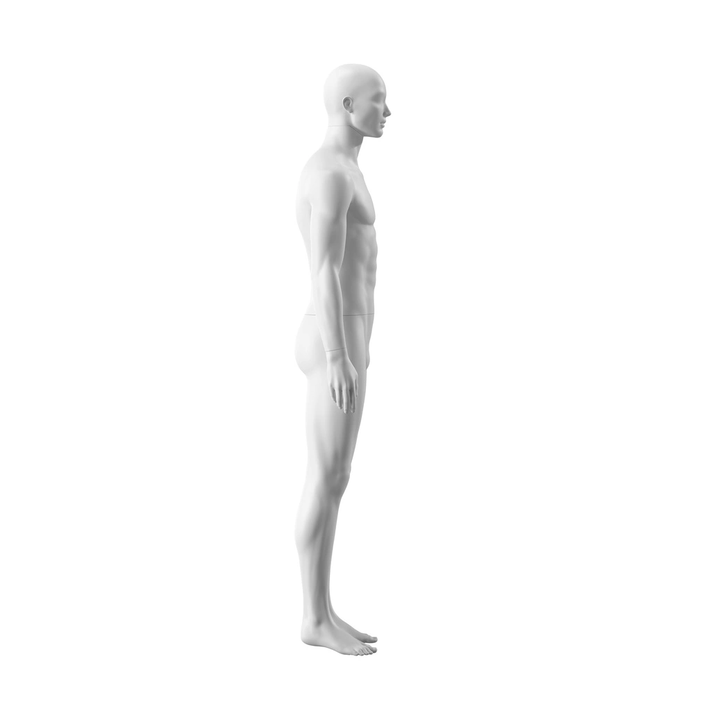 Witte heren etalagepop, abstract hoofd met neus en mond, glazen ronde voetplaat, pose 305