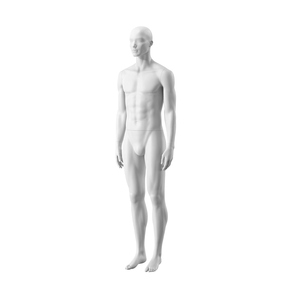 Witte heren etalagepop, abstract hoofd met neus en mond, glazen ronde voetplaat, pose 305