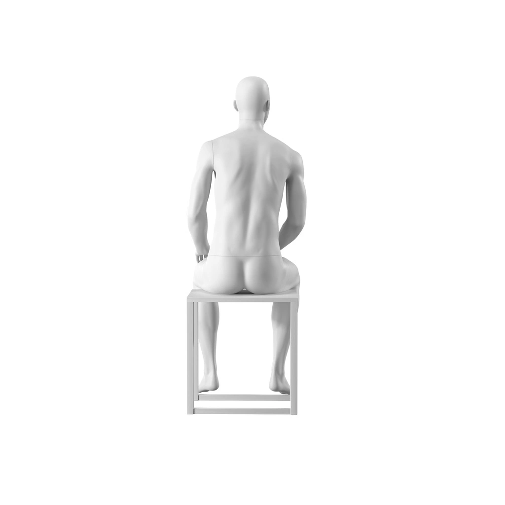 Witte heren etalagepop, abstract hoofd met neus en mond, glazen ronde voetplaat, pose 304