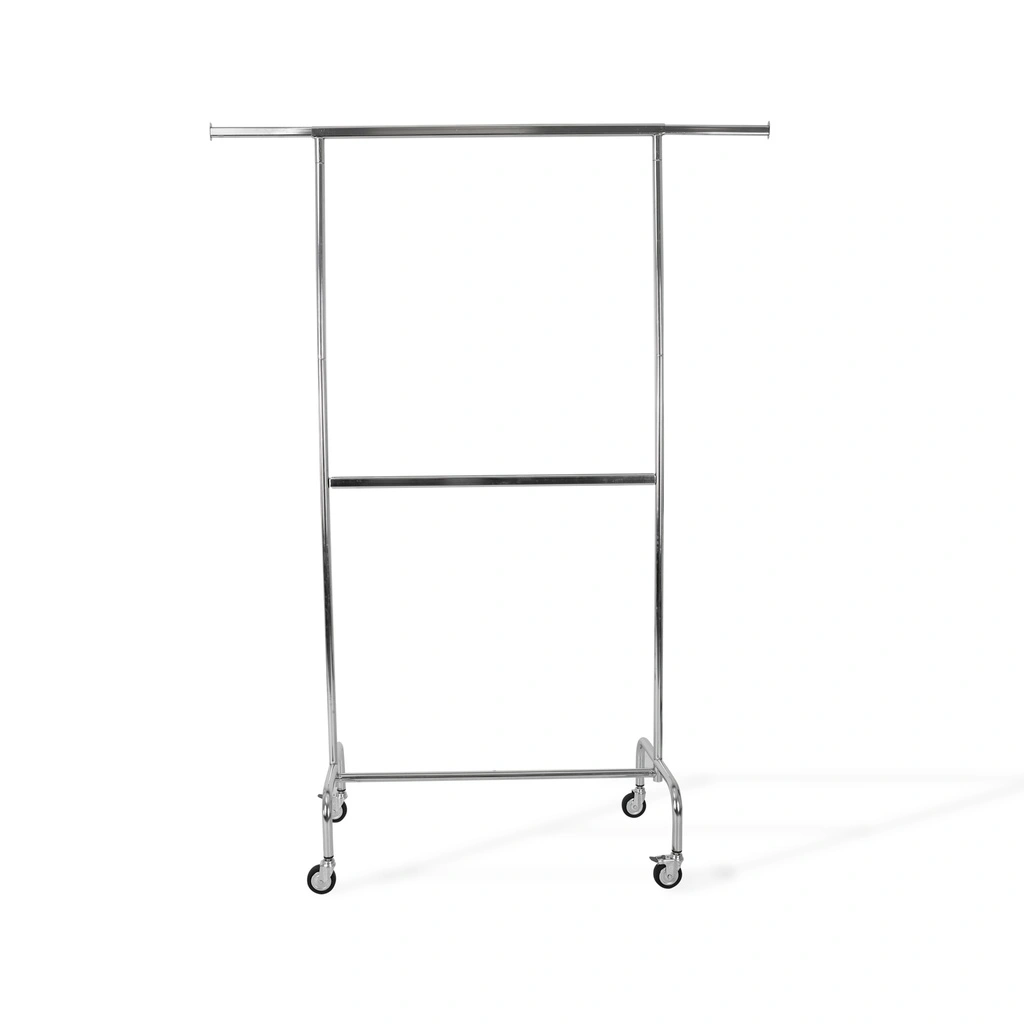 Kledingrek met vaste tussenbar, chroom, 100 cm breed op wielen