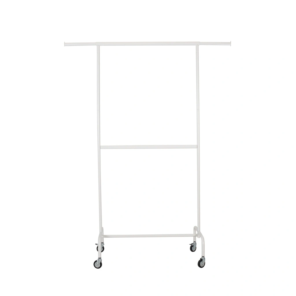 Kledingrek met vaste tussenbar, wit poederlak, 100 cm breed op wielen