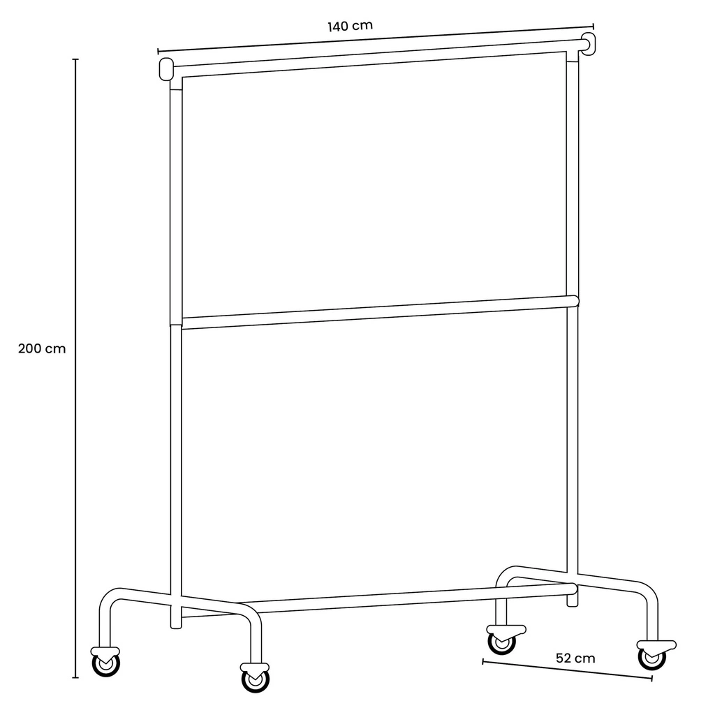 Kledingrek met vaste tussenbar, wit poederlak, 140 cm breed op wielen