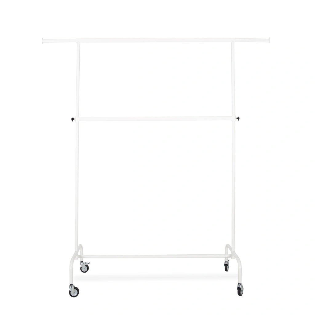 Kledingrek met in hoogte verstelbare tussenbar, wit poederlak, 140 cm breed op wielen