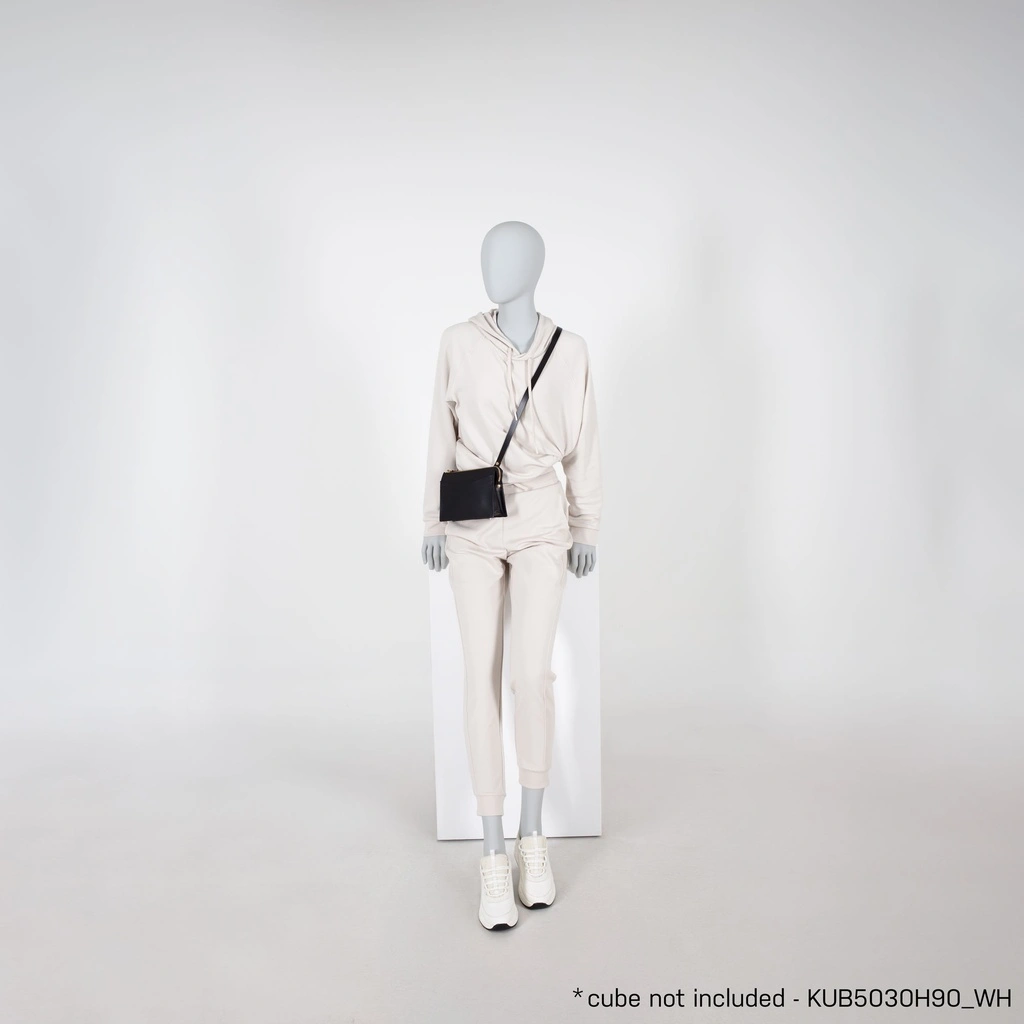 Abstracte grijze damesetalagepop, met abstract hoofd, zittende pose F011