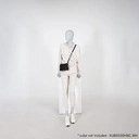 Abstracte grijze damesetalagepop, met abstract hoofd, zittende pose F011