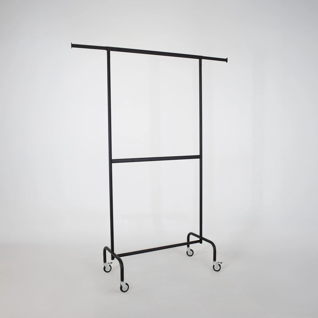 Kledingrek met vaste tussenbar, zwart poederlak, 100 cm breed op wielen