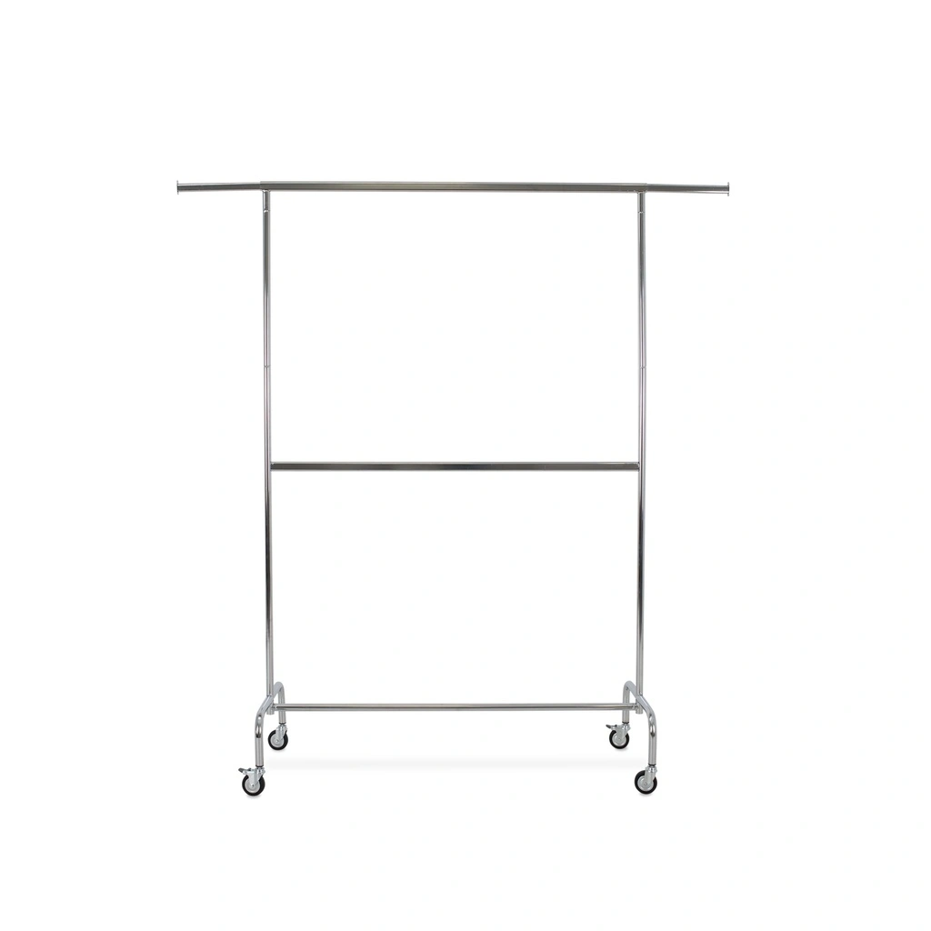 Kledingrek met vaste tussenbar, chroom, 140 cm breed op wielen
