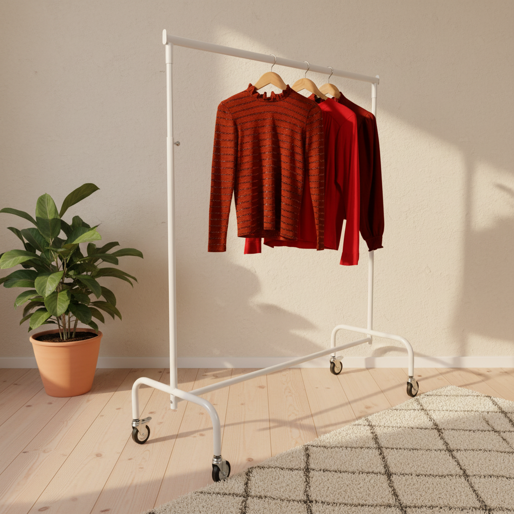 Kledingrek met in hoogte uitschuifbare stangen, wit poederlak, 140 cm breed op wielen